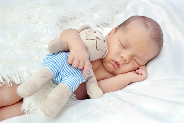 テディベアを抱きかかえた新生児の睡眠 — ストック写真