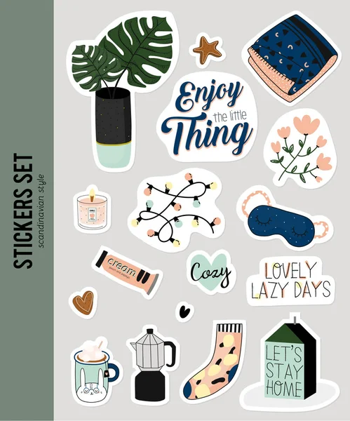 Conjunto Vetores Super Fofos Adesivos Hygge Ilustração Bonito Outono Inverno —  Vetores de Stock