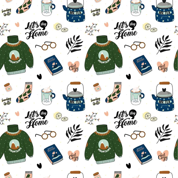 Hygge Padrão Sem Costura Vetor Ilustração Bonito Outono Inverno Hygge — Vetor de Stock