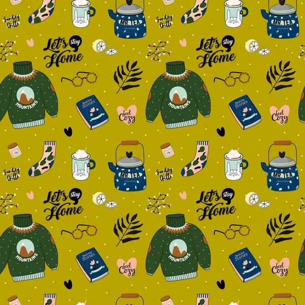 Hygge Padrão Sem Costura Vetor Ilustração Bonito Outono Inverno Hygge — Vetor de Stock