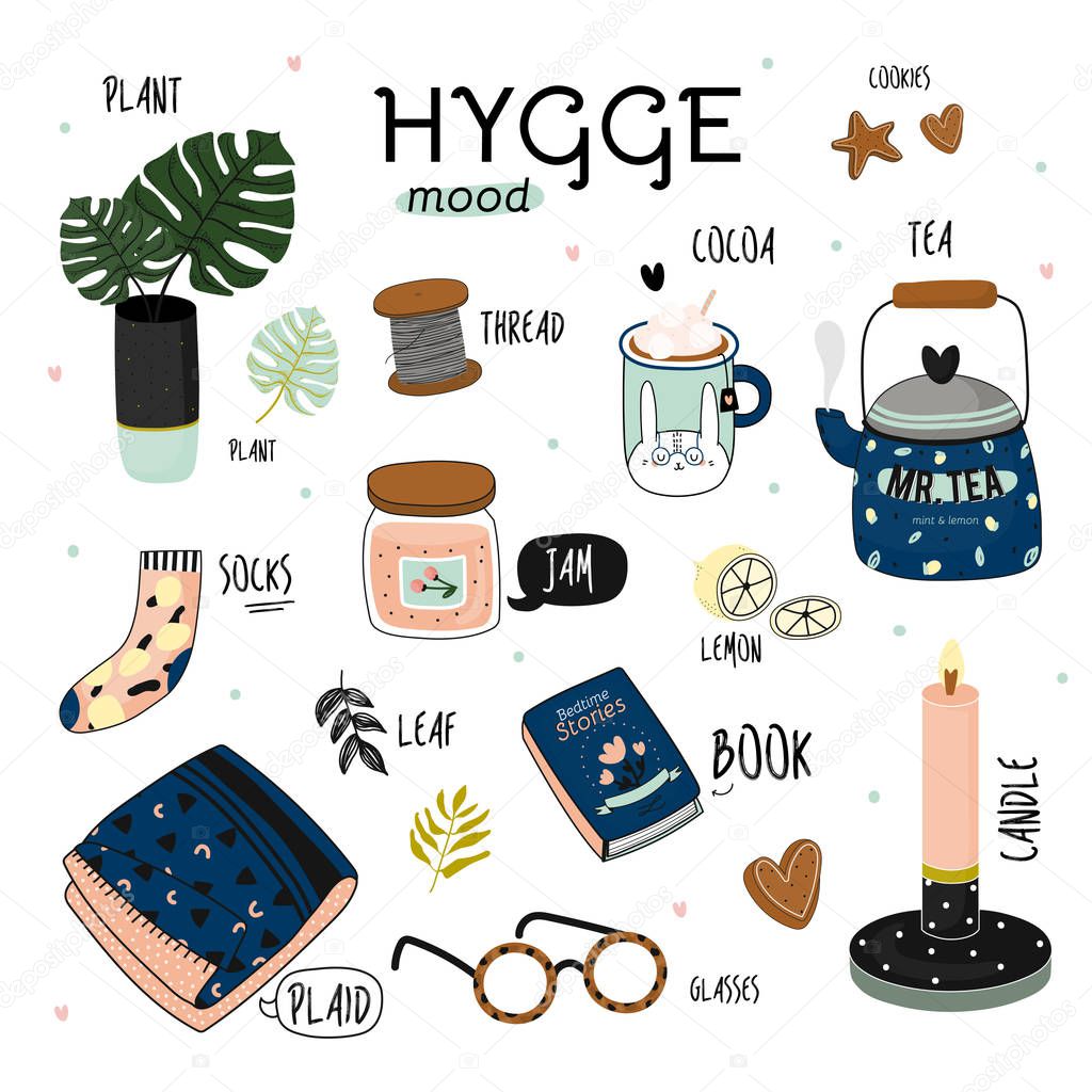 Cute vector illustration of autumn and winter hygge elements. Isolated on white background. Motivational typography of hygge quotes. Scandinavian style