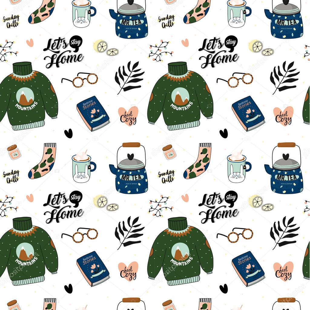 Hygge seamless pattern in vector. Cute illustration of autumn and winter hygge elements on white background. Scandinavian trendy style