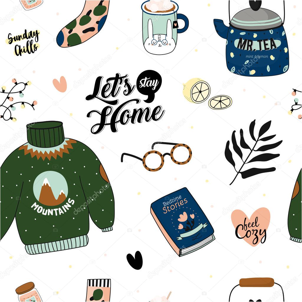 Hygge seamless pattern. Cute illustration of autumn and winter hygge elements on vector background. Scandinavian trendy style