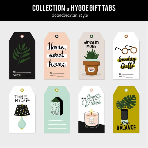 Super Lindo Vector Conjunto Tarjetas Hygge Etiquetas Etiquetas Linda Ilustración —  Fotos de Stock