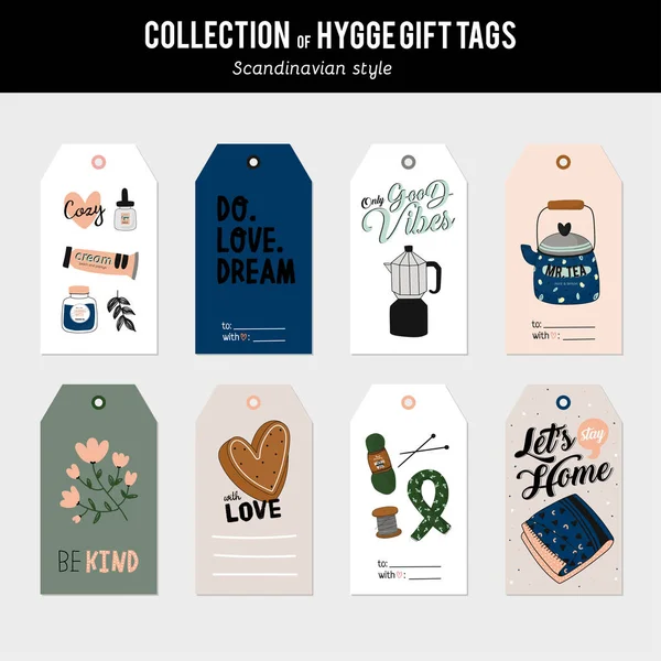 Super Lindo Vector Conjunto Tarjetas Hygge Etiquetas Etiquetas Linda Ilustración —  Fotos de Stock