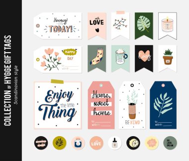 Super cute vector set of hygge cards, tags and labels. Cute illustration autumn and winter hygge elements. Isolated. Motivational typography of hygge quotes. Scandinavian style clipart