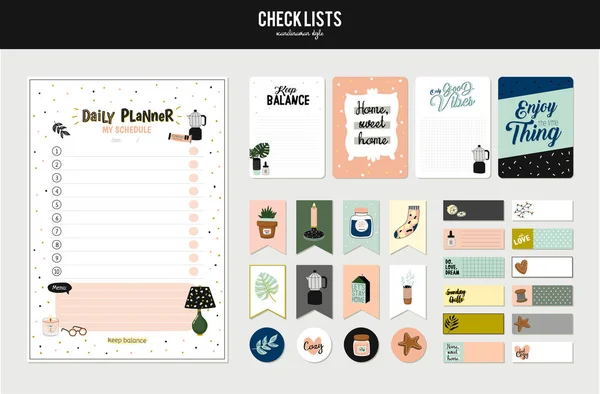 Набор Планировщиков Составление Списков Простыми Скандинавскими Иллюстрациями Модными Надписями Шаблон — стоковый вектор