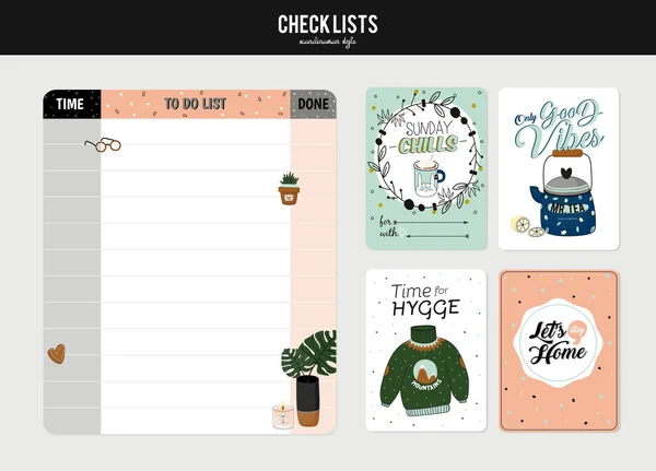 Conjunto Planificadores Hacer Listas Con Ilustraciones Escandinavas Simples Letras Moda — Archivo Imágenes Vectoriales