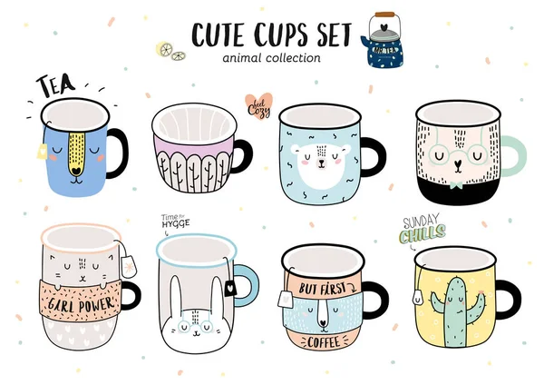 Super Niedlich Vektor Set Von Lustigen Illustration Ein Smiley Kaffeetassen — Stockvektor