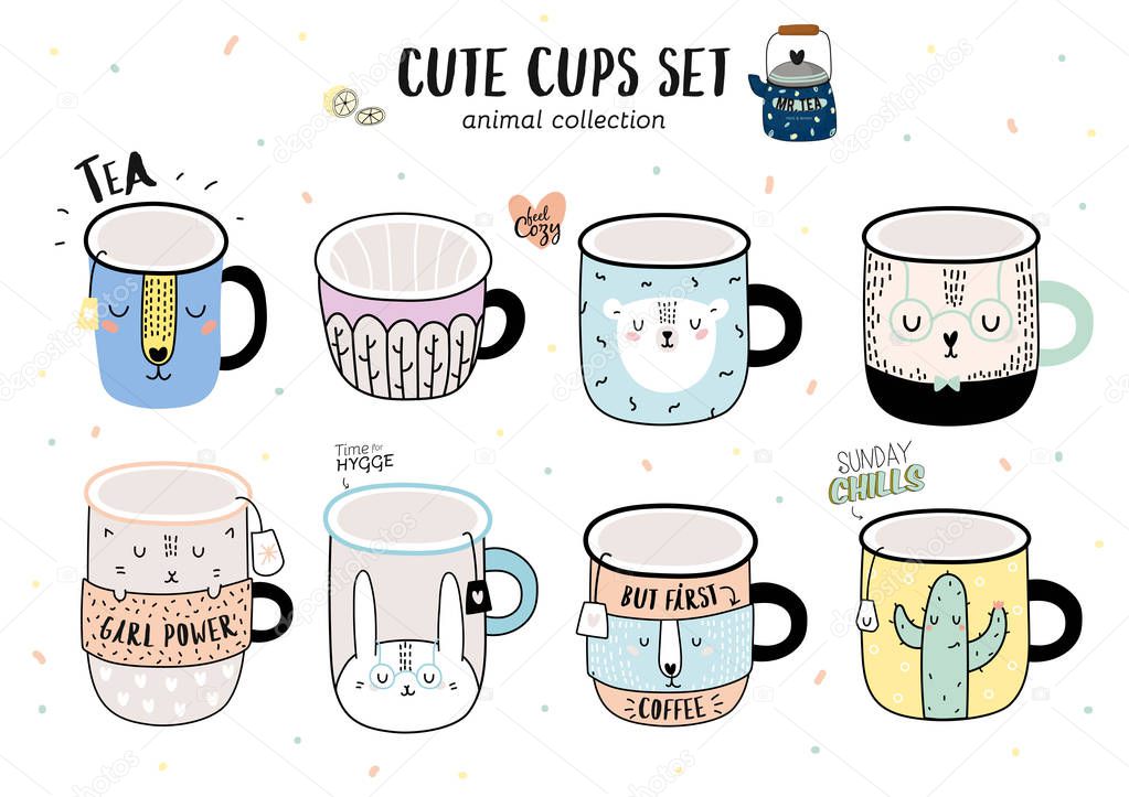 Super cute vector set of funny illustration a smiley coffee cups. Animal cartoon illustration. Isolated on white backgrond. Hygge typography