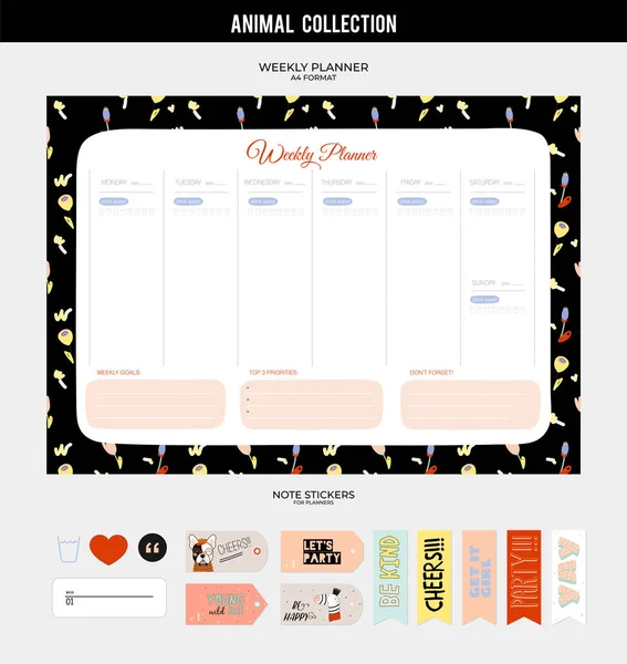 Instellen Van Planners Lijsten Met Schattige Dieren Illustraties Trendy Belettering — Stockvector