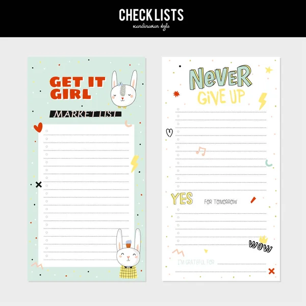 Set Planners Lists Cute Animal Illustrations Trendy Lettering Template Agenda — Stock Vector