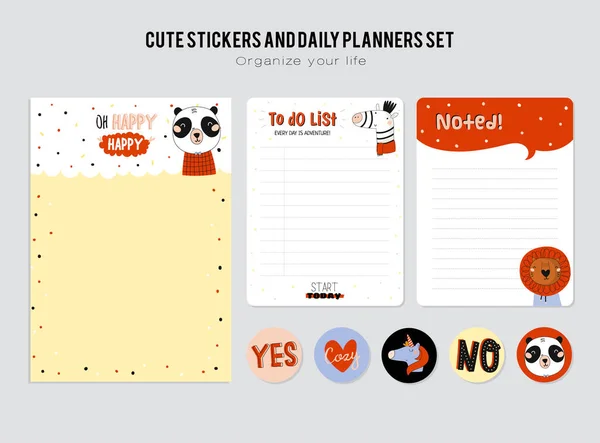 Instellen Van Planners Lijsten Met Schattige Dieren Illustraties Trendy Belettering — Stockvector