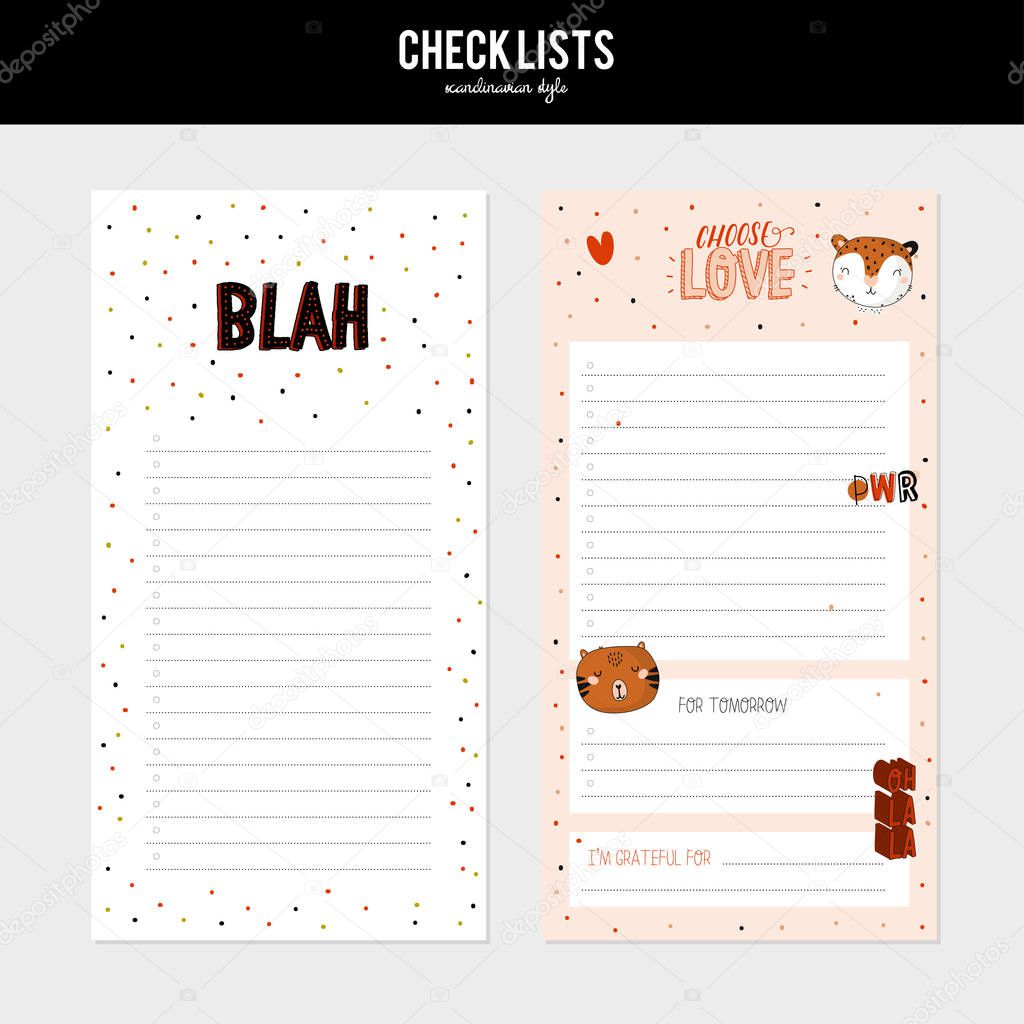 Set of planners and to do lists with cute animal illustrations and trendy lettering. Template for agenda, planners, check lists, and other stationery. Isolated. Vector. Scandinavian stationery design