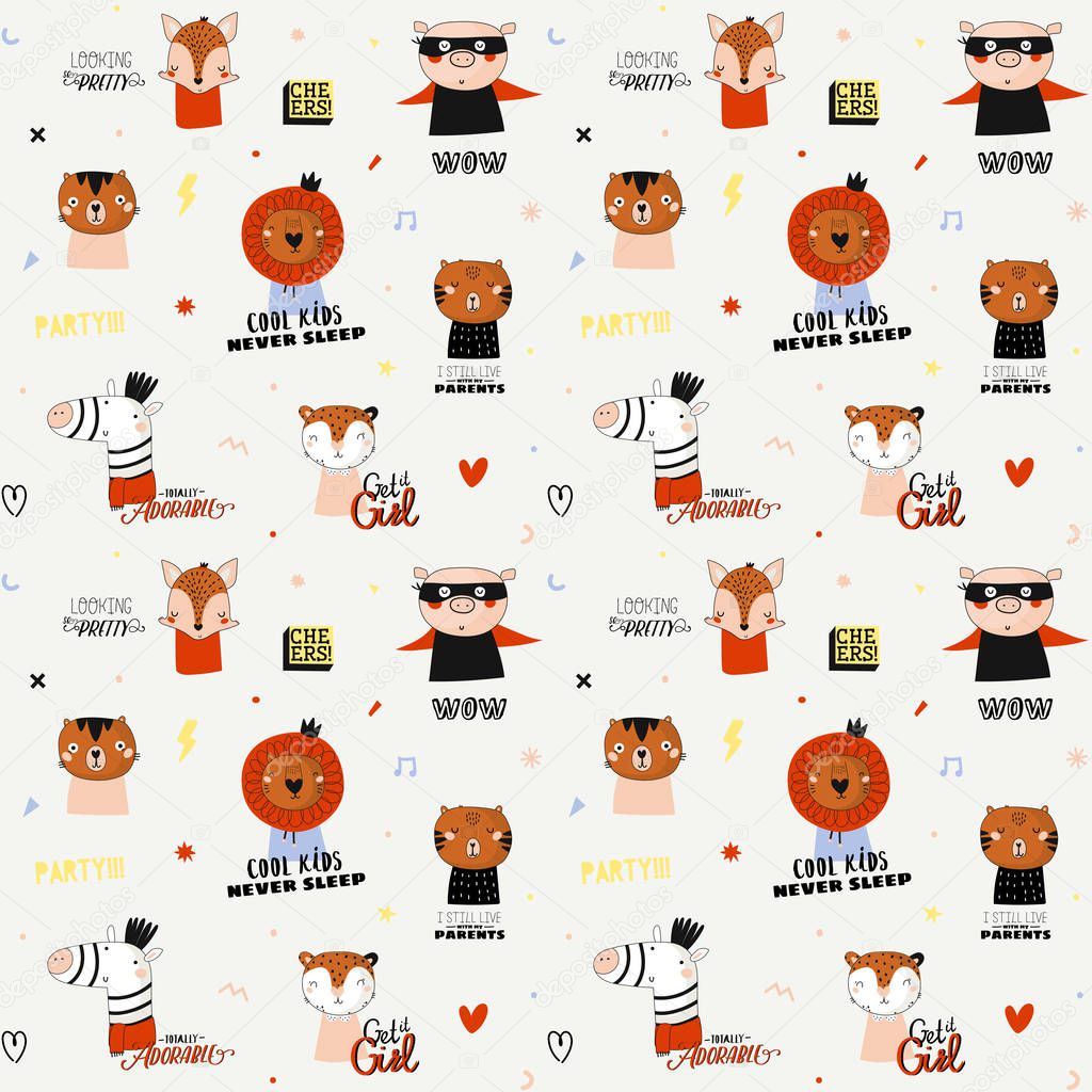 Super cute animal seamless pattern in vector. Trendy illustration with funny animals and cool typography. White background. Scandinavian kids collection