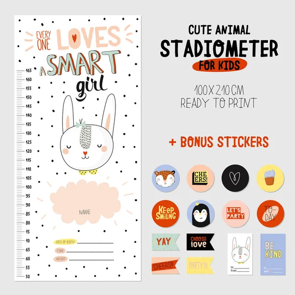 Super Lindo Estadiómetro Vector Divertida Ilustración Animal Pegatinas Almohadillas Notas — Vector de stock