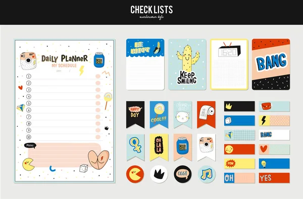 Набор Планировщиков Список Простыми Скандинавскими Иллюстрациями Модными Надписями Шаблон Повестки — стоковый вектор