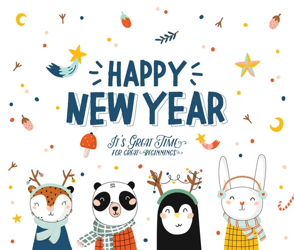 Feliz Natal Feliz Ano Novo 2019 Cartão Animal Com Letras — Vetor de Stock