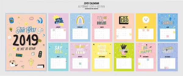 Lindo Calendario 2019 Calendario Anual Planificación Con Todos Los Meses — Archivo Imágenes Vectoriales