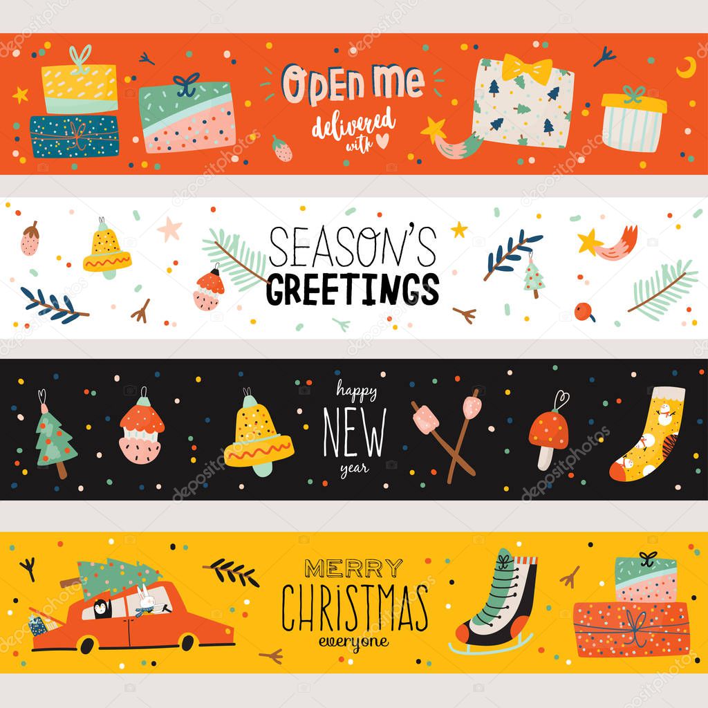 Merry Christmas And Happy New 2019 Year banners with holiday lettering and traditional christmas elements. Cute illustration in scandinavian style. Vector. Color backround.