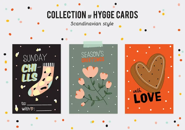 Super Lindo Vector Conjunto Tarjetas Hygge Carteles Linda Ilustración Elementos — Vector de stock