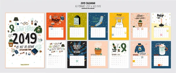 可爱的2019年日历 具有所有月份的年度规划师日历 良好的组织者和时间表 明亮多彩的插图与励志引语 向量背景 — 图库矢量图片