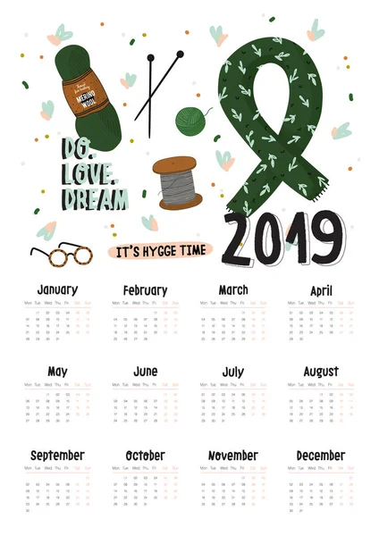 Cute 2019 Calendar. Yearly Planner Calendar with all Months. Good Organizer and Schedule. Bright colorful illustration with motivational quotes. Vector background