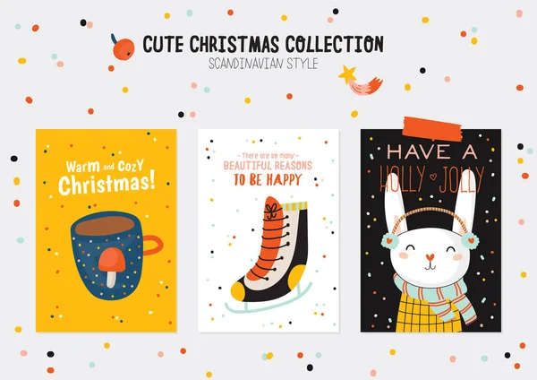 圣诞套件可爱的冬季人物和卡片 新年元素和节日排版 斯堪的纳维亚风格的插图很好的贴纸 — 图库矢量图片