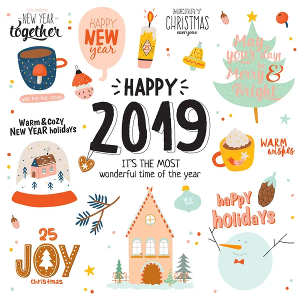 Joyeux Noël Heureux Nouveaux Modèles 2019 Année Avec Des Lettres — Image vectorielle