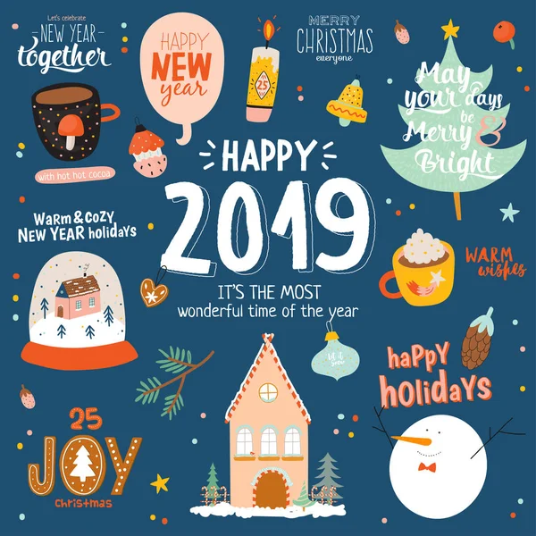 Wesołych Świąt Szczęśliwego Nowego 2019 Roku Szablony Wakacje Tradycyjne Elementy — Wektor stockowy