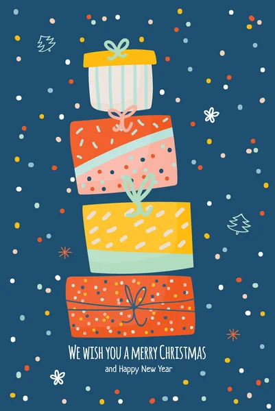 圣诞快乐 新年快乐2019年度贺卡模板与节日字母和传统的圣诞插图 在斯堪的纳维亚风格的可爱的元素 矢量背圆 — 图库矢量图片