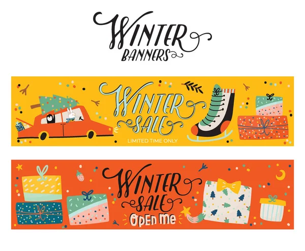 Venta Invierno Carteles Pancartas Linda Ilustración Navidad Vector Elementos Escandinavos — Vector de stock