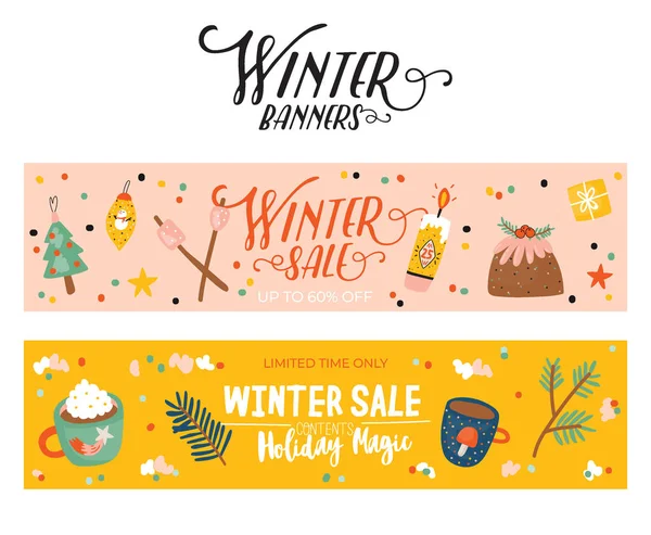 Winter Verkoop Affiches Banners Schattig Kerstmis Illustratie Vector Scandinavische Nieuwjaar — Stockvector
