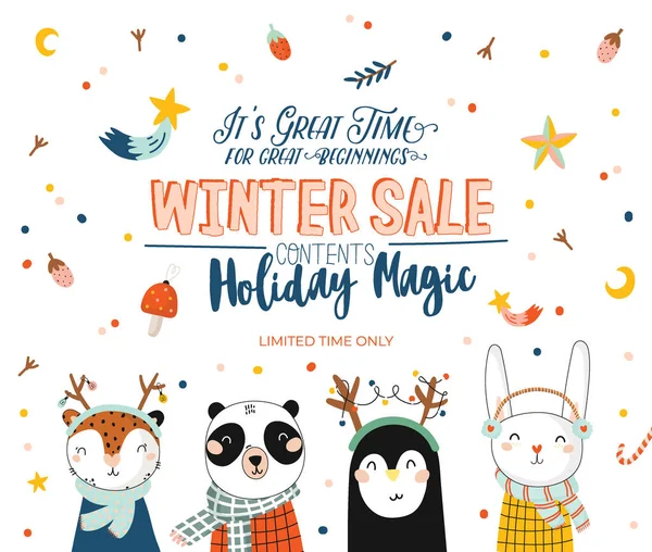 Winter Verkoop Affiches Banners Schattig Kerstmis Illustratie Vector Scandinavische Nieuwjaar — Stockvector