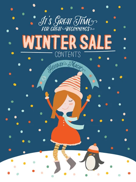 Locandine Striscioni Winter Sale Graziosa Illustrazione Natalizia Vettore Elementi Capodanno — Vettoriale Stock