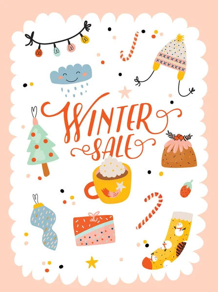 Venta Invierno Carteles Pancartas Linda Ilustración Navidad Vector Elementos Escandinavos — Vector de stock