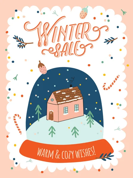 冬季销售海报和横幅 可爱的圣诞节例证在向量 斯堪的纳维亚新年元素和假日排版适用于冬季销售贴纸 — 图库矢量图片