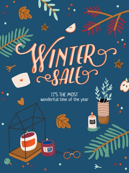 Winter Verkoop Affiches Banners Schattig Kerstmis Illustratie Vector Scandinavische Nieuwjaar — Stockvector