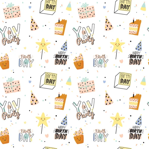 Happy Birthday Kids Muster mit niedlichen Feiertagselementen; Geschenkbox, Luftballon, Kuchen, Kerze, Hut. Vereinzelt. weißer Hintergrund. Vektor. gut für Dekoration Kinderfest — Stockvektor