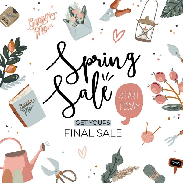 Webspring försäljning bakgrund med vackra blommor och romantiska bokstäver. Bra mall för web, kort, affisch, klistermärke, banner, inbjudan, bröllop. Vektorillustration — Stock vektor