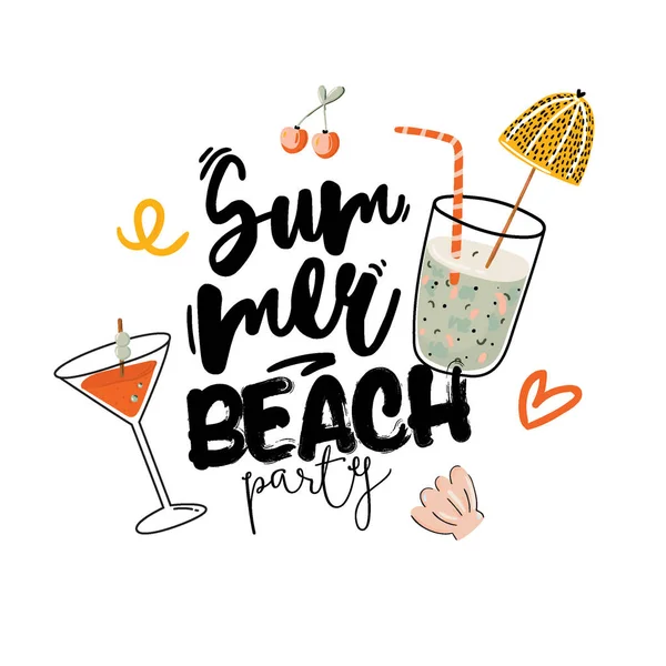 Zomer vakantie print met schattige elementen en belettering geïsoleerd op witte achtergrond — Stockvector