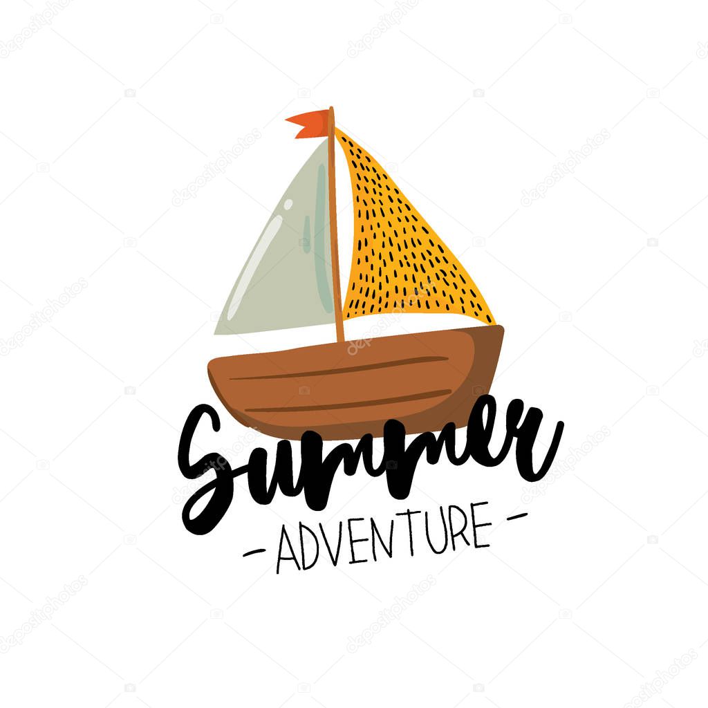 Summer holiday print with cute elements and lettering isolated on white background
