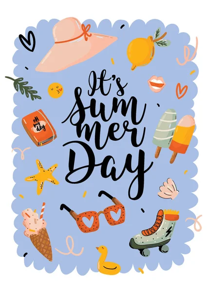 Kollektion von Sommer-Print mit niedlichen Urlaubselementen und Schriftzug auf farbigem Hintergrund. — Stockvektor