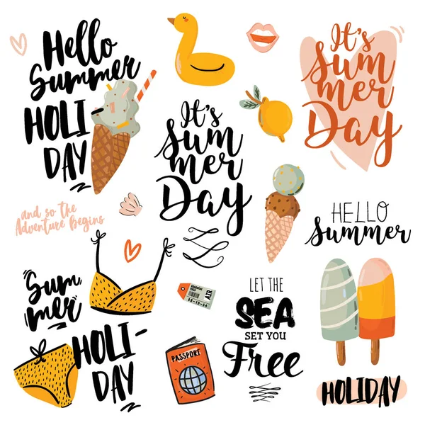 Summer print with cute holiday elements and lettering isolated on white background. — Stock Vector