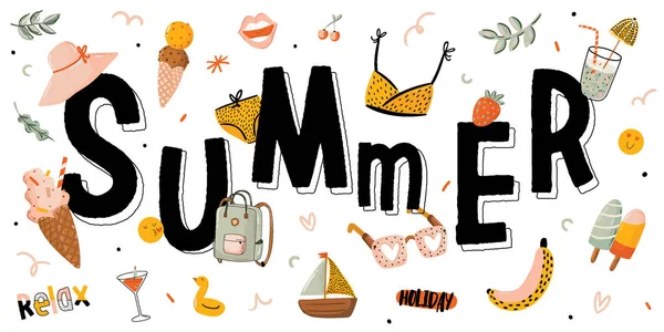 Impressão de verão com elementos de férias bonitos e letras isoladas no fundo branco . — Vetor de Stock