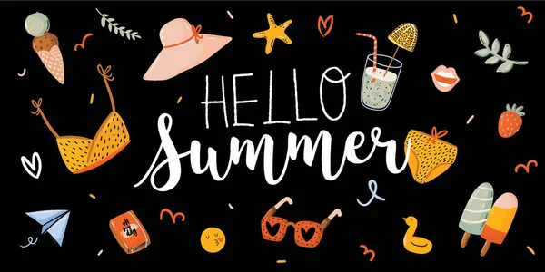 Impressão de verão com elementos de férias bonitos e letras isoladas no fundo branco . —  Vetores de Stock