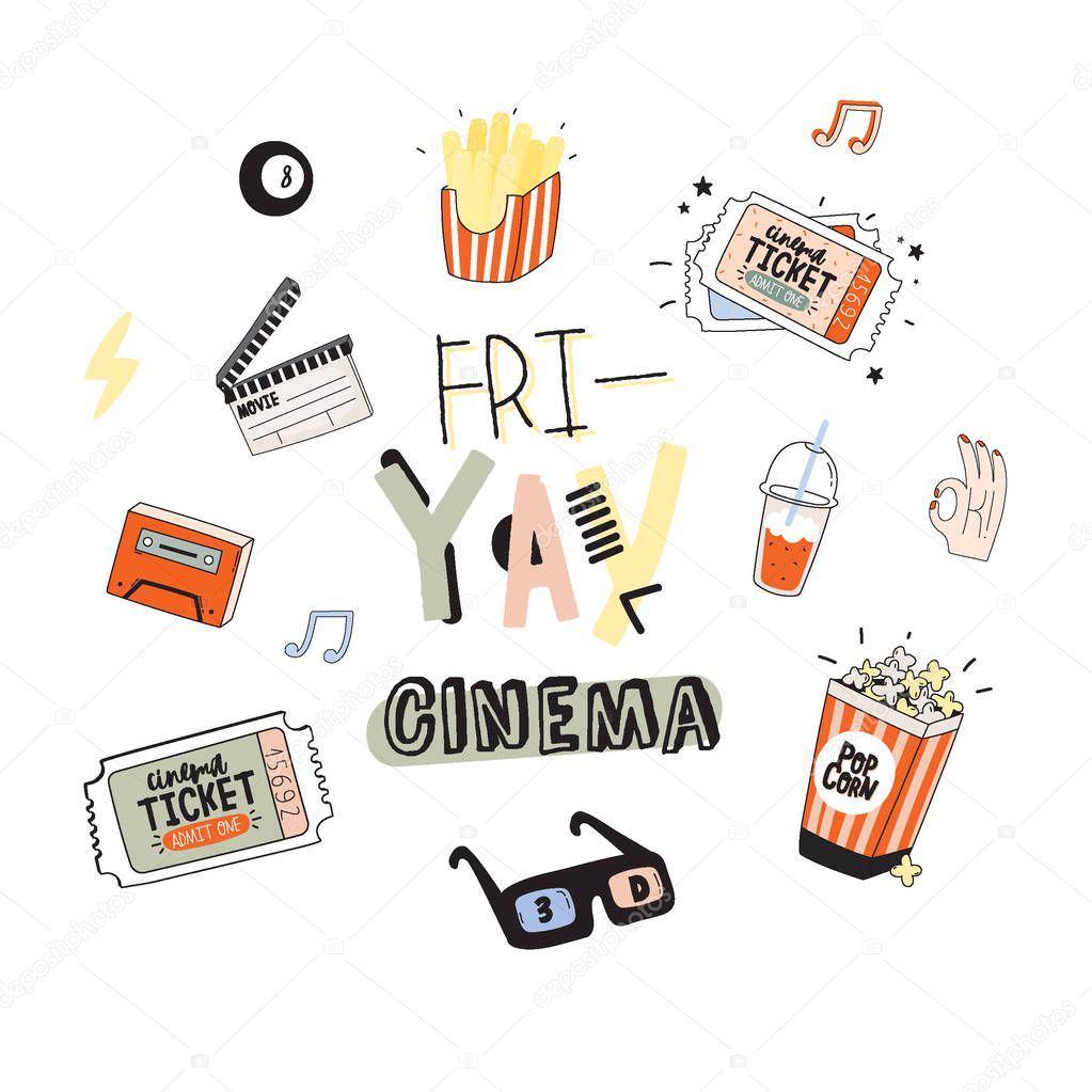 Set of cute cinema, movie, film doodles and trendy lettering isolated on white background