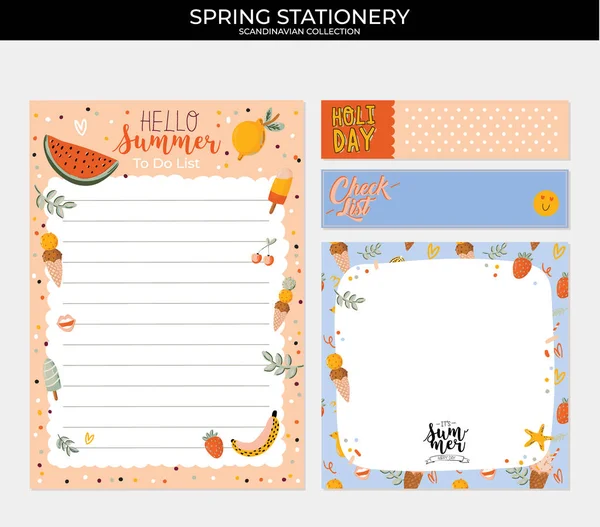 Coleta de planejadores semanais e diários, folha para notas e para fazer listas com ilustrações de verão e letras . — Vetor de Stock