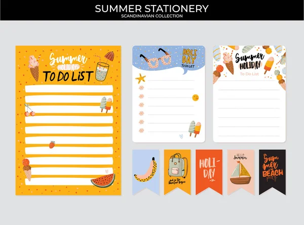 Kumpulan perencana mingguan dan harian, lembar catatan dan daftar dengan ilustrasi musim panas dan surat . - Stok Vektor