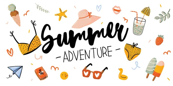 Sommer-Print mit niedlichen Urlaubselementen und Schriftzug auf farbigem Hintergrund. — Stockvektor